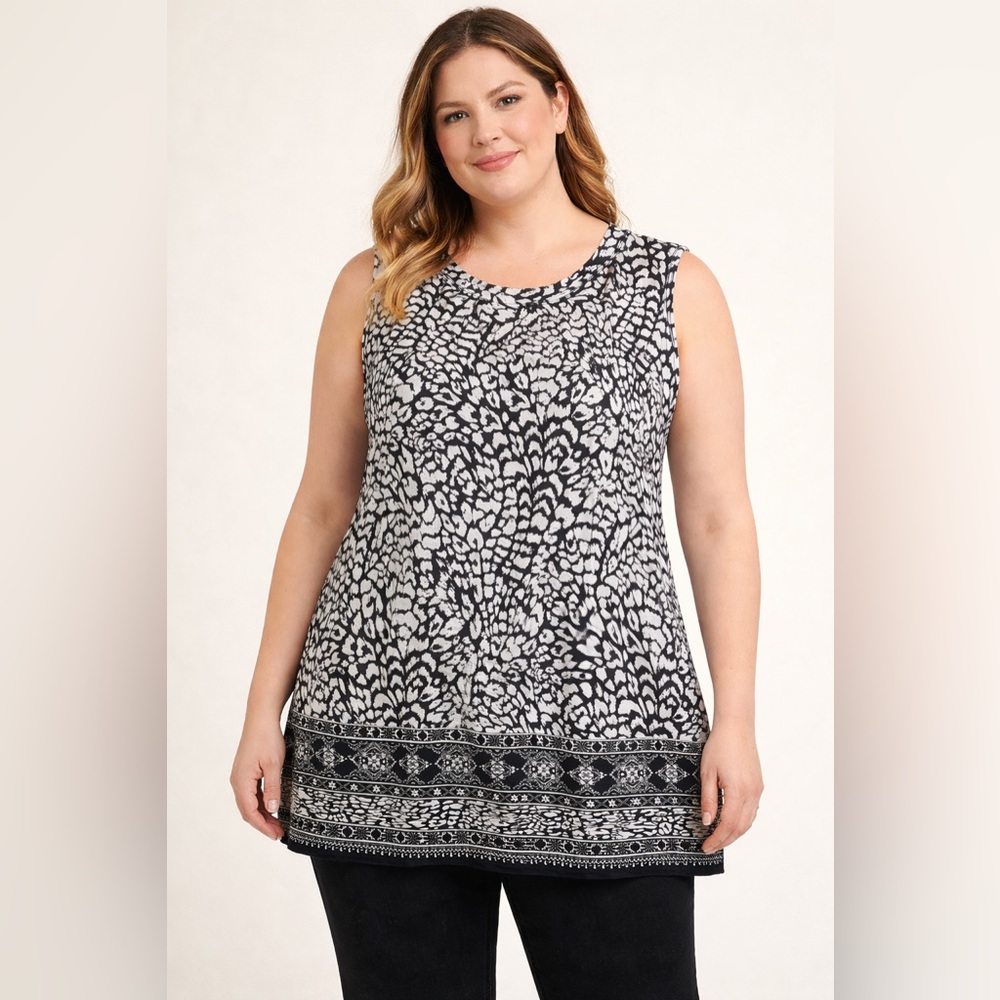 Black & White Animal Print Tunic Top Sleeveless Plus Size Boho